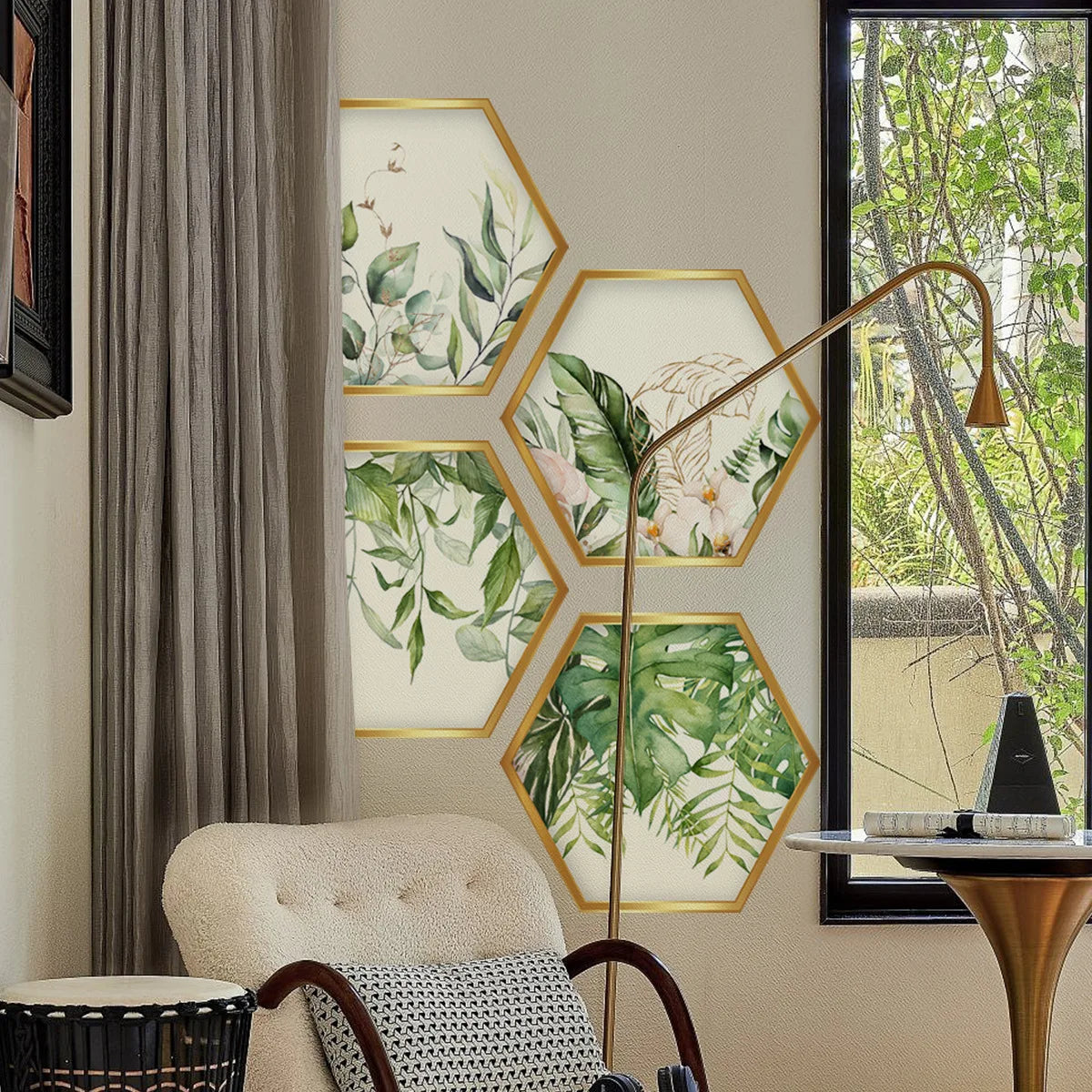 cadres hexagonaux adhésifs feuilles tropicales fleurs modernes or vert blanc chambre salon decoration
