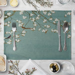 set table lin motif floral oiseaux vert beige blanc rose marron decoratif asiatique table