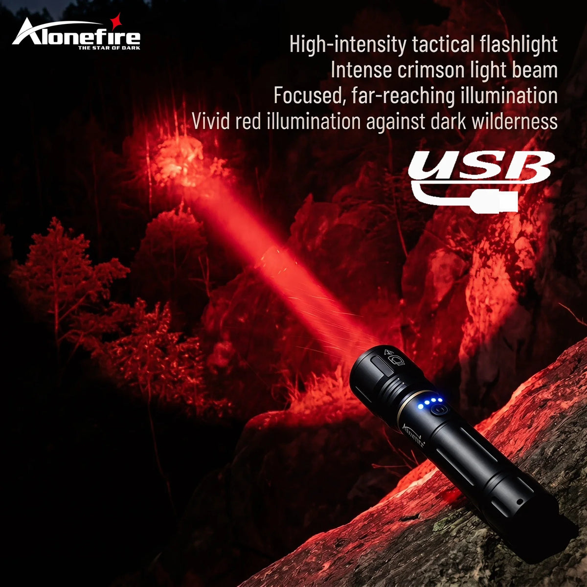 lampe torche led rouge rechargeable aluminium robuste tactique chasse camping pêche