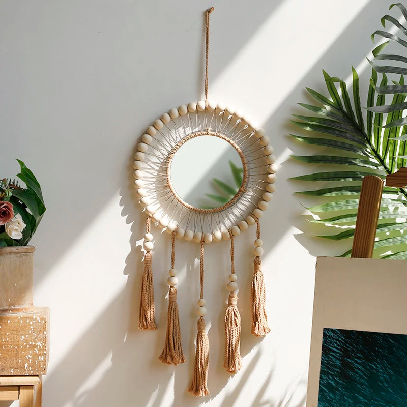 miroir decoratif boho chic bois macramé beige blanc salon chambre coucher deco mur