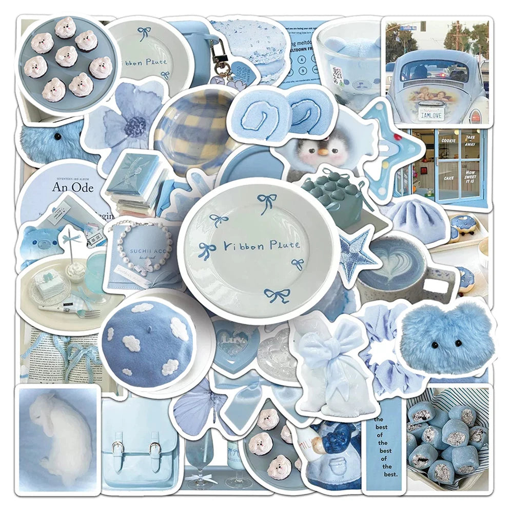 stickers decoratifs bleu clair fleurs coeurs animaux geometriques aesthetic ribbon plate tasse coeur peluche