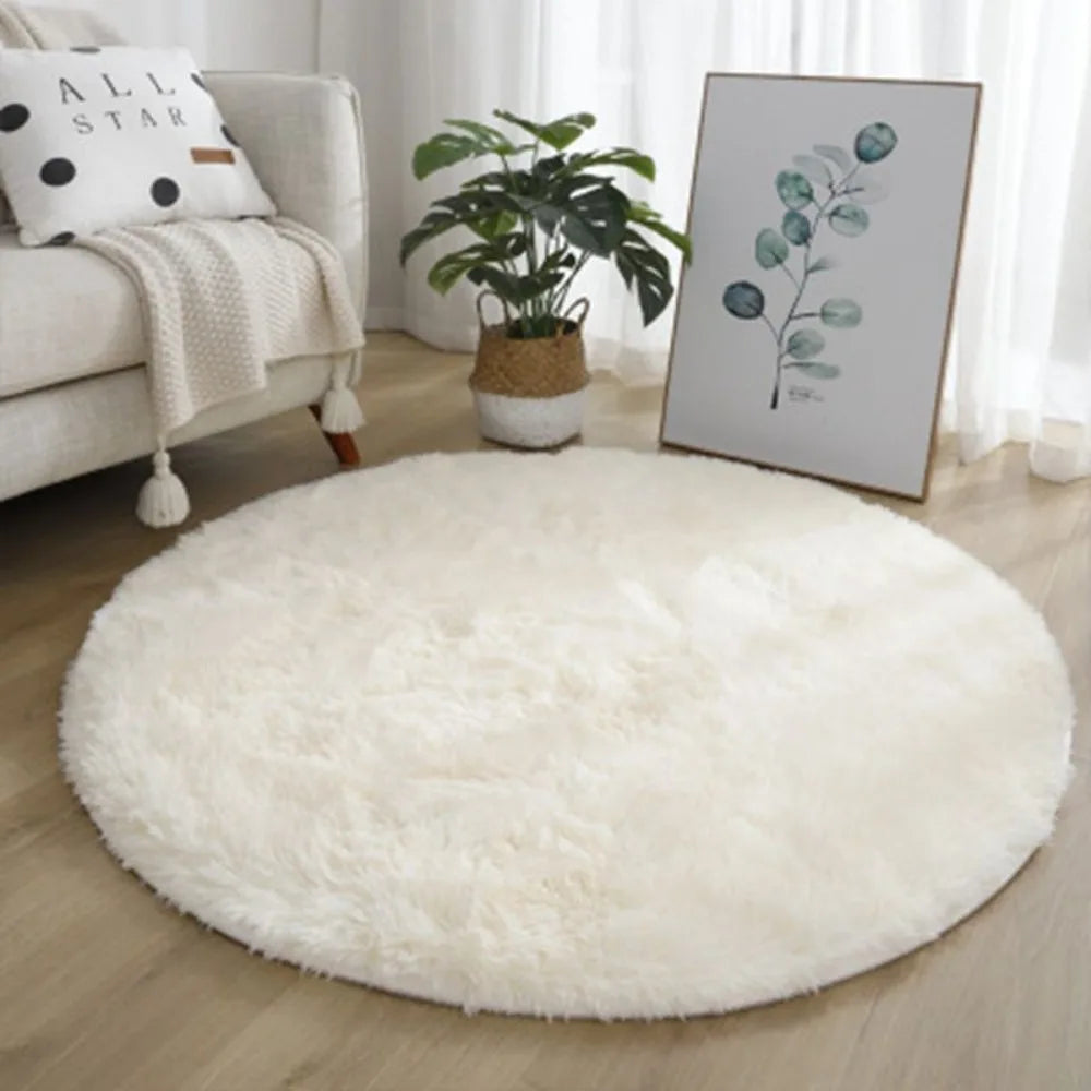 tapis rond doux fourré couleur unie moderne rose marron vert violet beige