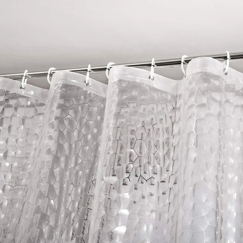 rideau douche moderne relief blanc légerment translucide anneaux métalliques 120x180cm