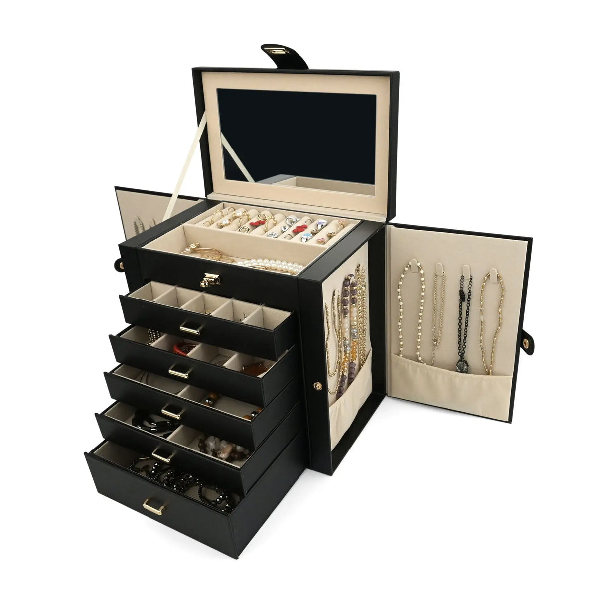 boîte bijoux simili cuir moderne noir rose blanc poignées métalliques rangements multiples velours intérieur