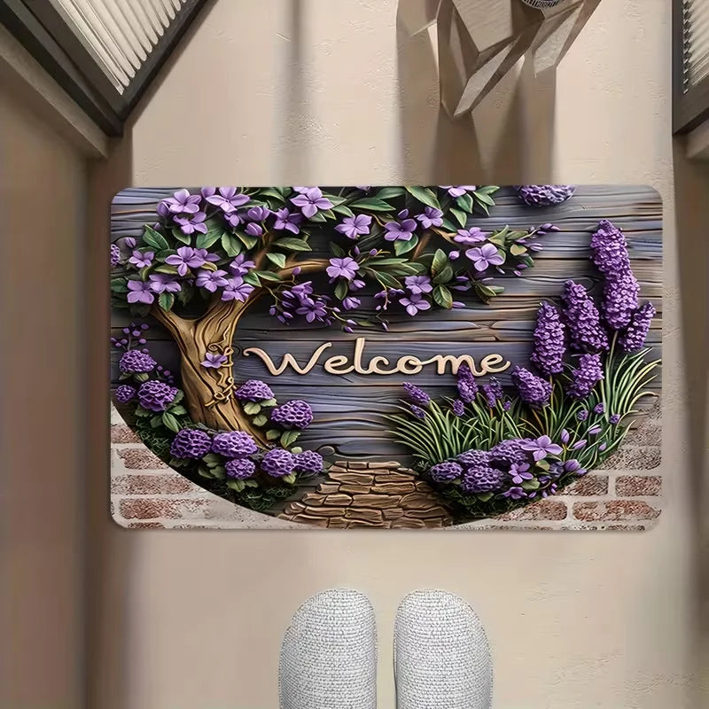 tapis d'entrée moderne antidérapant pierre fleurs bienvenue bleu marron rouge vert Jaune