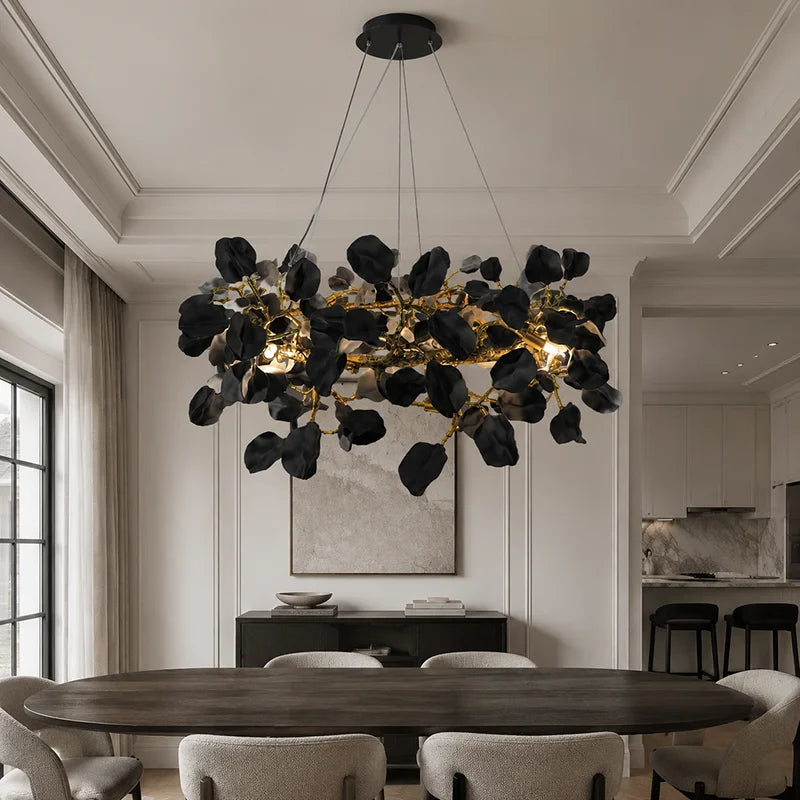 lustre suspendu céramique noir doré forme pétale fleur moderne salon salle manger luxe