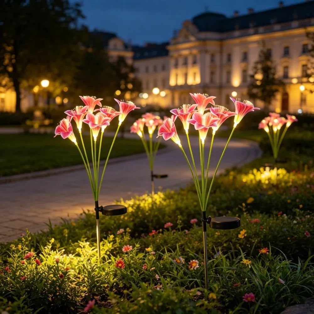 lampions solaires fleurs lys blanc jaune rose modernes extérieurs patio jardin piquet métallique led
