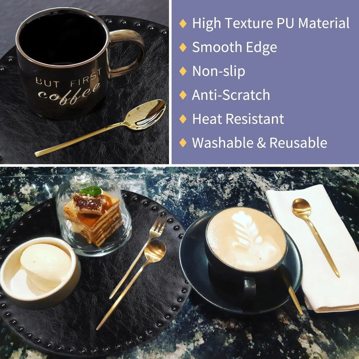 placemat moderne rond noir texture élevée rivets résistant chaleur lavable 35cm antiégratignures
