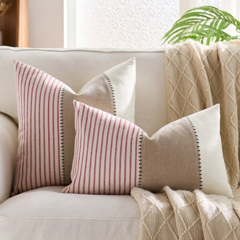 housse coussin décorative rustique rayures horizontales beige bleu marine rose clair polyester