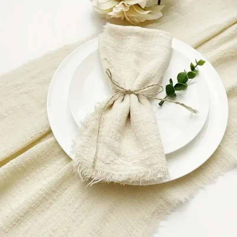 lot dix serviettes table coton beige clair franges rustiques mariage décoration chic maison