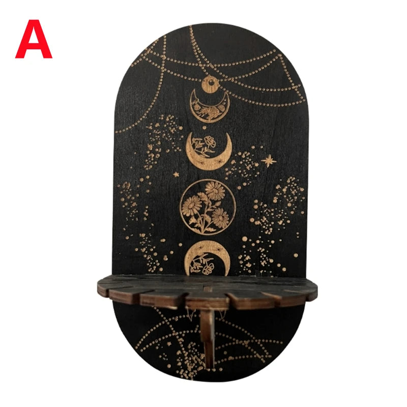 étagère murale noire dorée ornementations astrologiques pendeloques semi précieuses artisanal