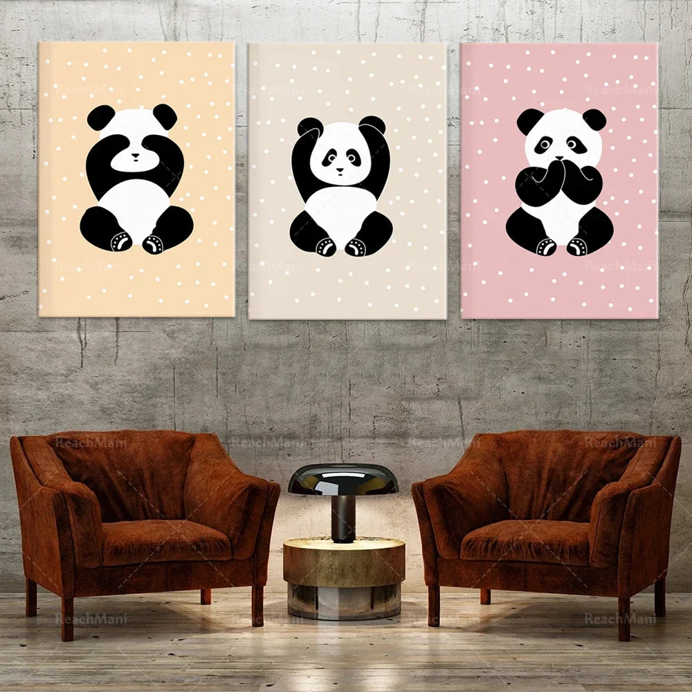 Des pandas mignons sur fond de petits points, une décoration murale tendance et colorée pour une chambre d'enfant.