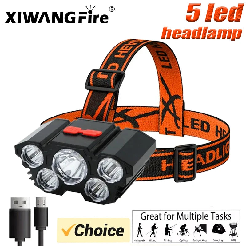 lampe frontale led noire orange rechargeable camping pêche aventure bande ajustable puissance 10w certifications