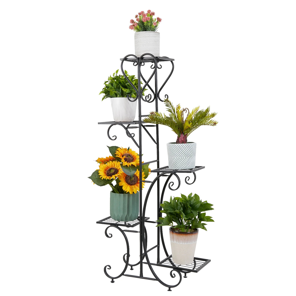 Porte plantes fer forgé 5 niveaux noir dans un salon moderne