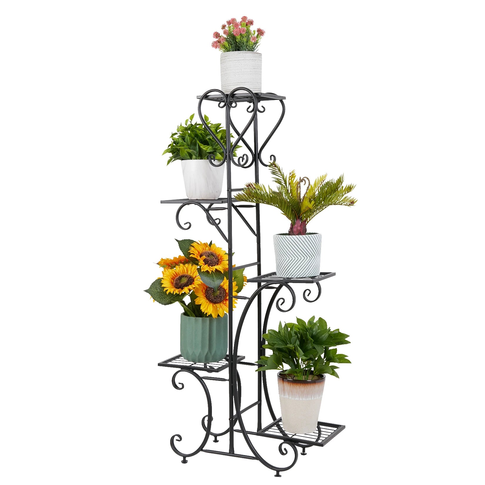 Porte plantes fer forgé 5 niveaux noir dans un salon moderne