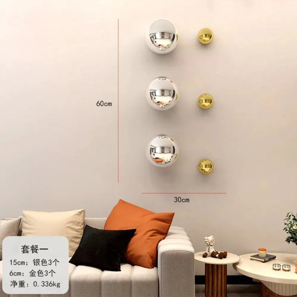 décoration murale moderne sphères miroitantes argentées orange blanches fixations muralesintérieur chambre salon