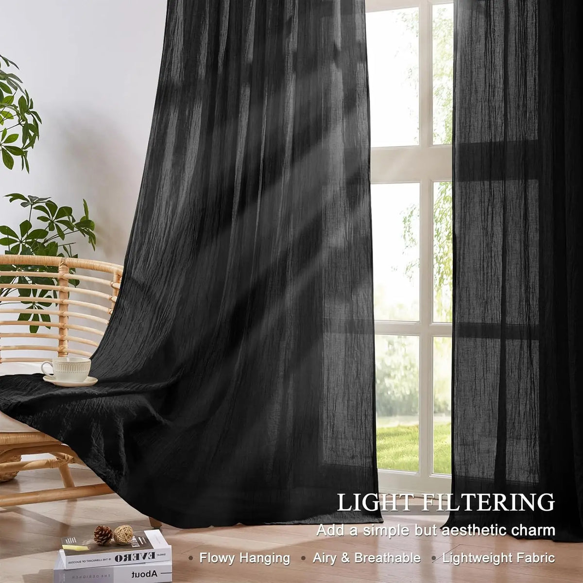 rideaux noir semi transparents texturés moderne minimaliste passe tringle chambre salon