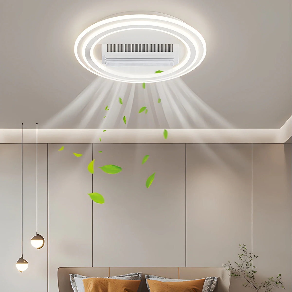 ventilateur lumière led télécommande moderne blanc arrondi fixations invisibles chambre salon