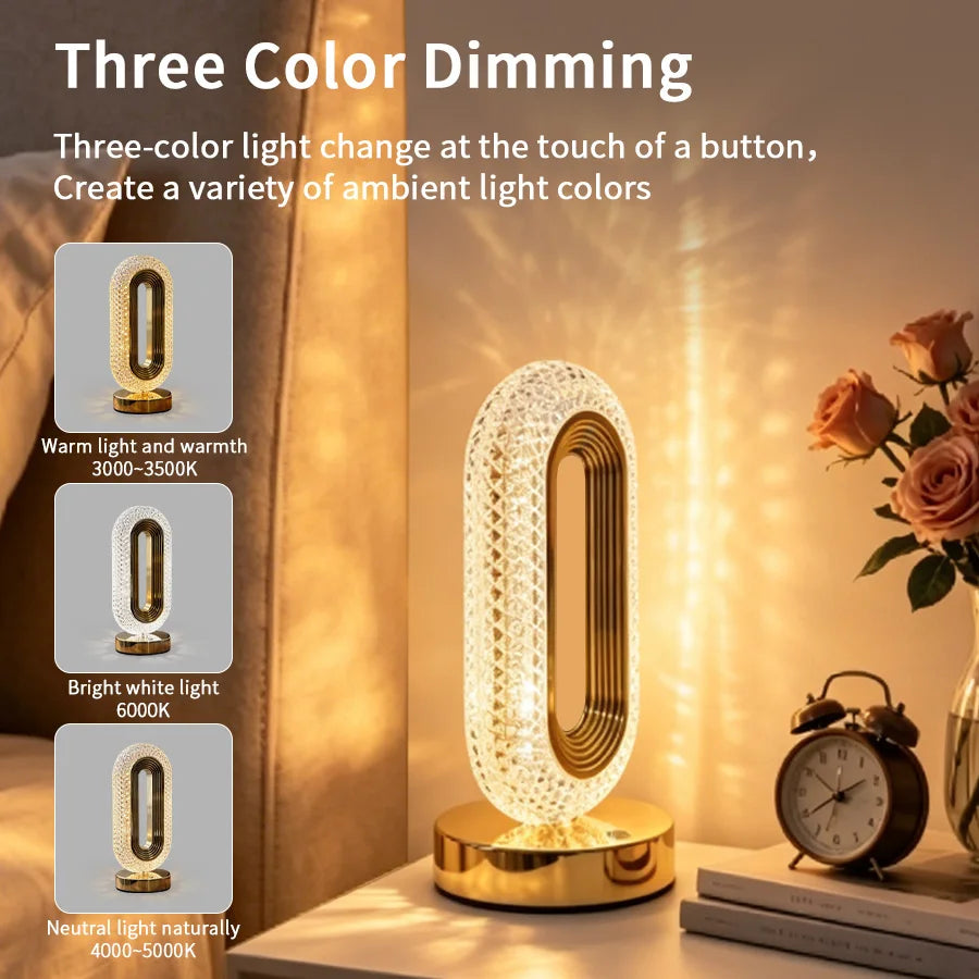 lampe table or blanc texture diamant moderne élégante base plate rechargeable tactile led chambre