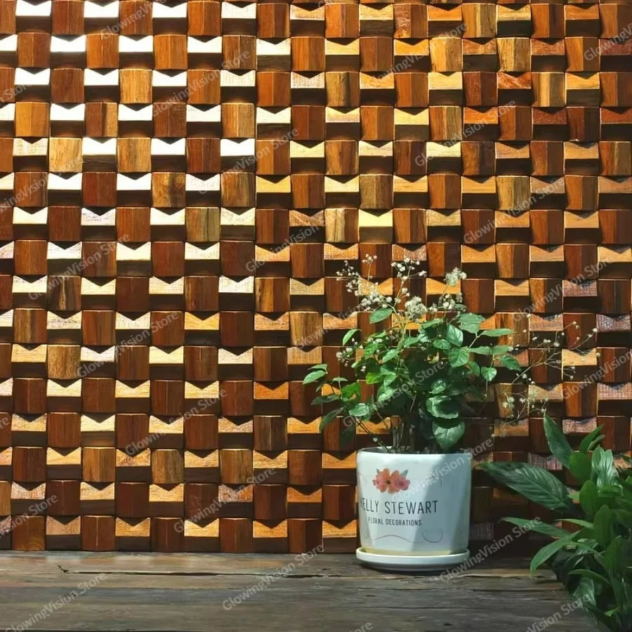 panneau décoratif bois cubes géométriques moderne marron clair foncé autocolant 3d