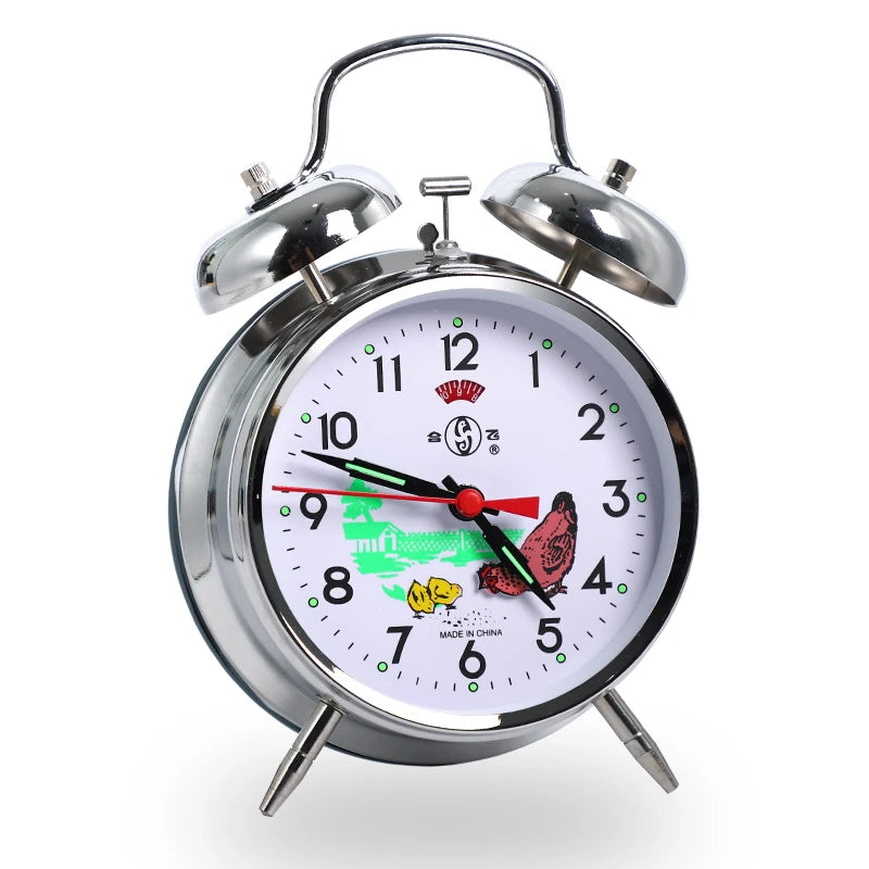 horloge réveil mécanique argentée dorée oiseau papillon cadran blanc classique pieds métalliques