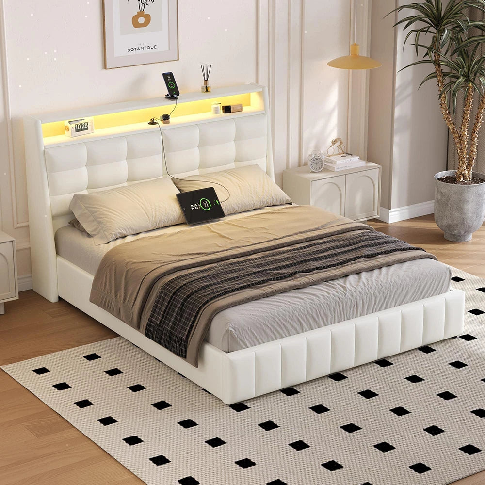 Détail de la tête de lit avec ports USB intégrés et rangement sous le lit