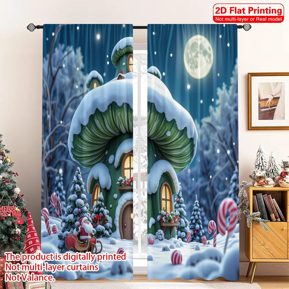 rideau hiver illustration 2d maison champignon sapins bonhomme neige sucreries bleu vert blanc rouge