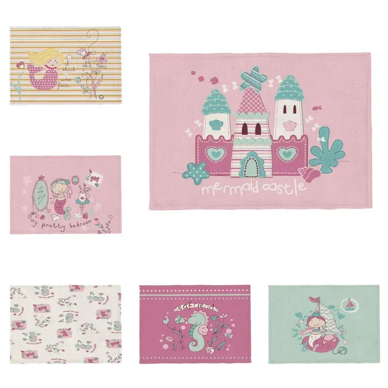 tapis marine sirènes poissons bateaux motifs enfant illustration rose vert clair océanique