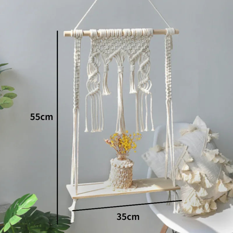 étagères suspendues macramé boho rustique étagères plantes vase céramique cadre photo coussin franges