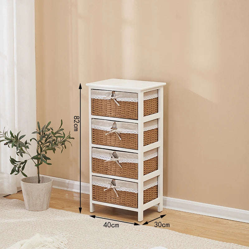 meuble tiroirs blanc rustique paniers osier tissu beige vintage chambre coucher minimaliste moderne