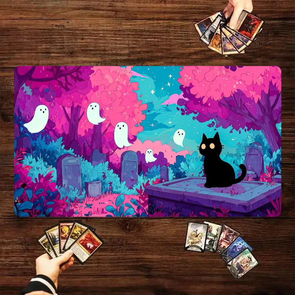 tapis jeu 60cm 35cm caoutchouc antidérapant fantômes arbres tombes chat noir violet rose bleu