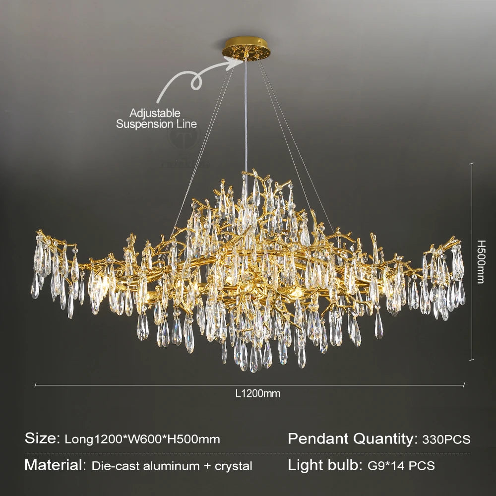 lampe suspendue or cristal moderne branches dorées pendeloques transparentes chambre salon