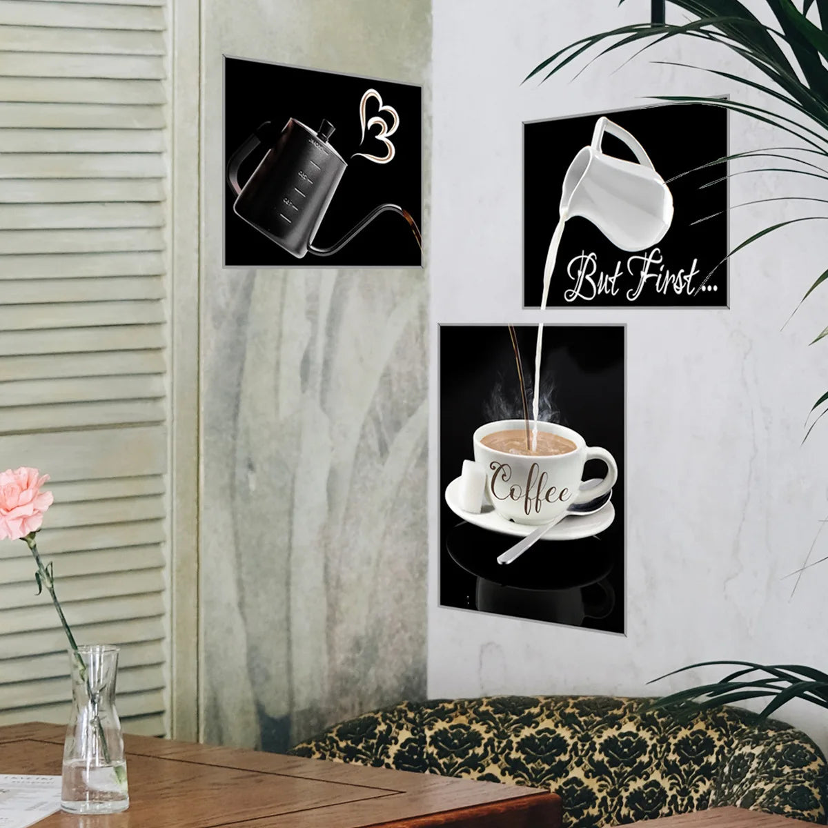affiches murales autocollantes moderne illustration but first coffee tasse cuillère cœur minimaliste