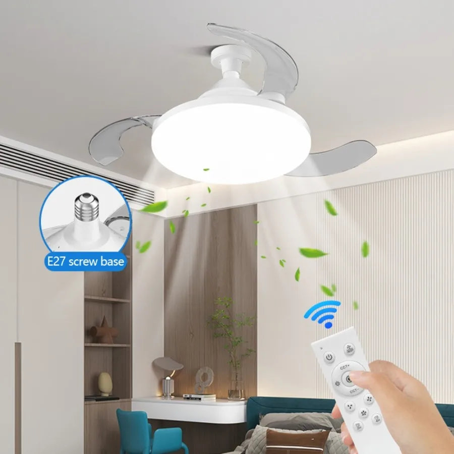ventilateur lumière led transparent pales moderne télécommande trois lumières