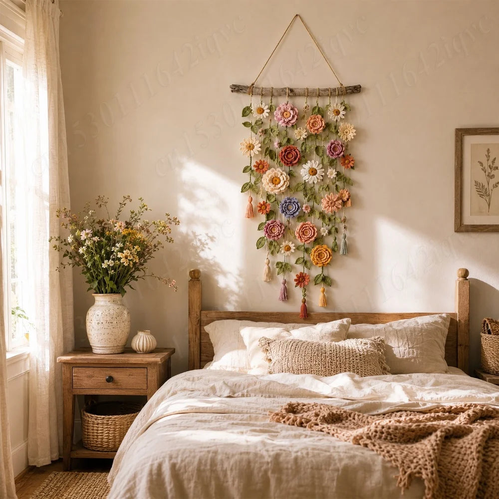 décoration murale boho multicolore fleurs crochetées feuilles pompons bois cascade