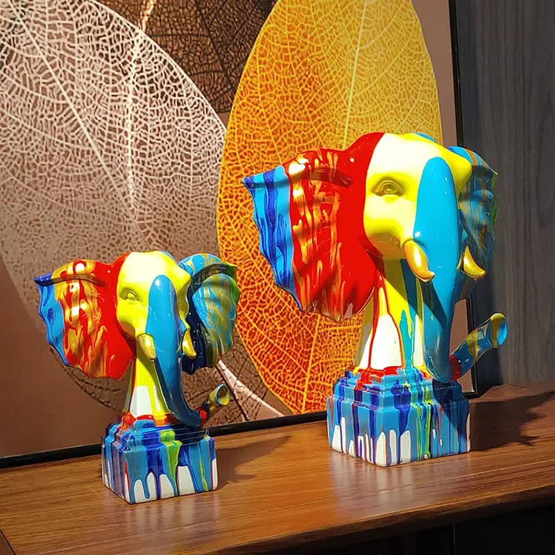 statues éléphants décoratives résine couleurs bleu rouge jaune moderne artistique opaques