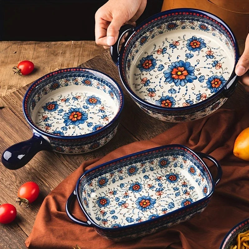 assiettes soupe vintage céramique fleur bleue rouge bordure ornée compatibles four lave vaisselle