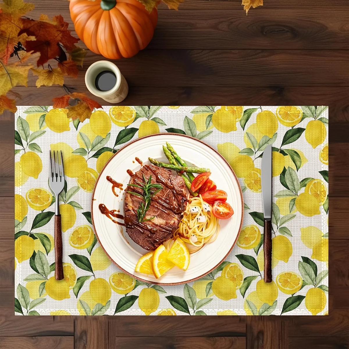 serviettes table moderne blanches jaunes vertes citrons feuilles automne 30x40cm respectueuses environnement decoration table