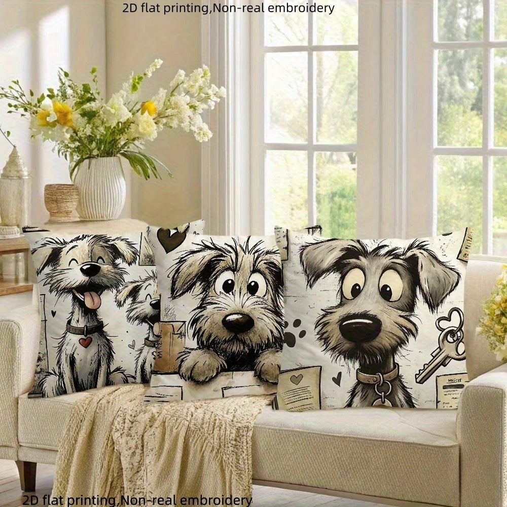 coussin chien mignon coeurs clés illustration cartoon blanc noir beige