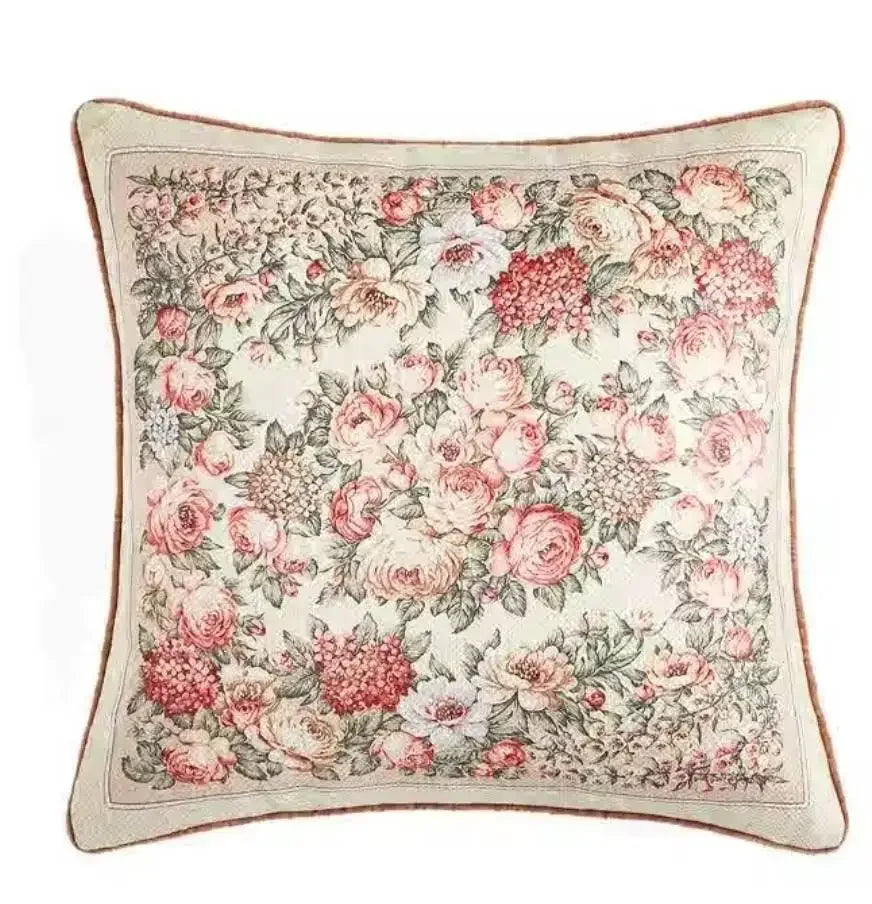 taies d'oreiller jacquard imprimées motif floral paysage vintage bleu vert beige respectueux environnement dimension