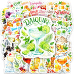stickers cocktails multicolores illustrations aquarelle fruits herbes aromatiques bar shakers verres pack 50 adhésifs