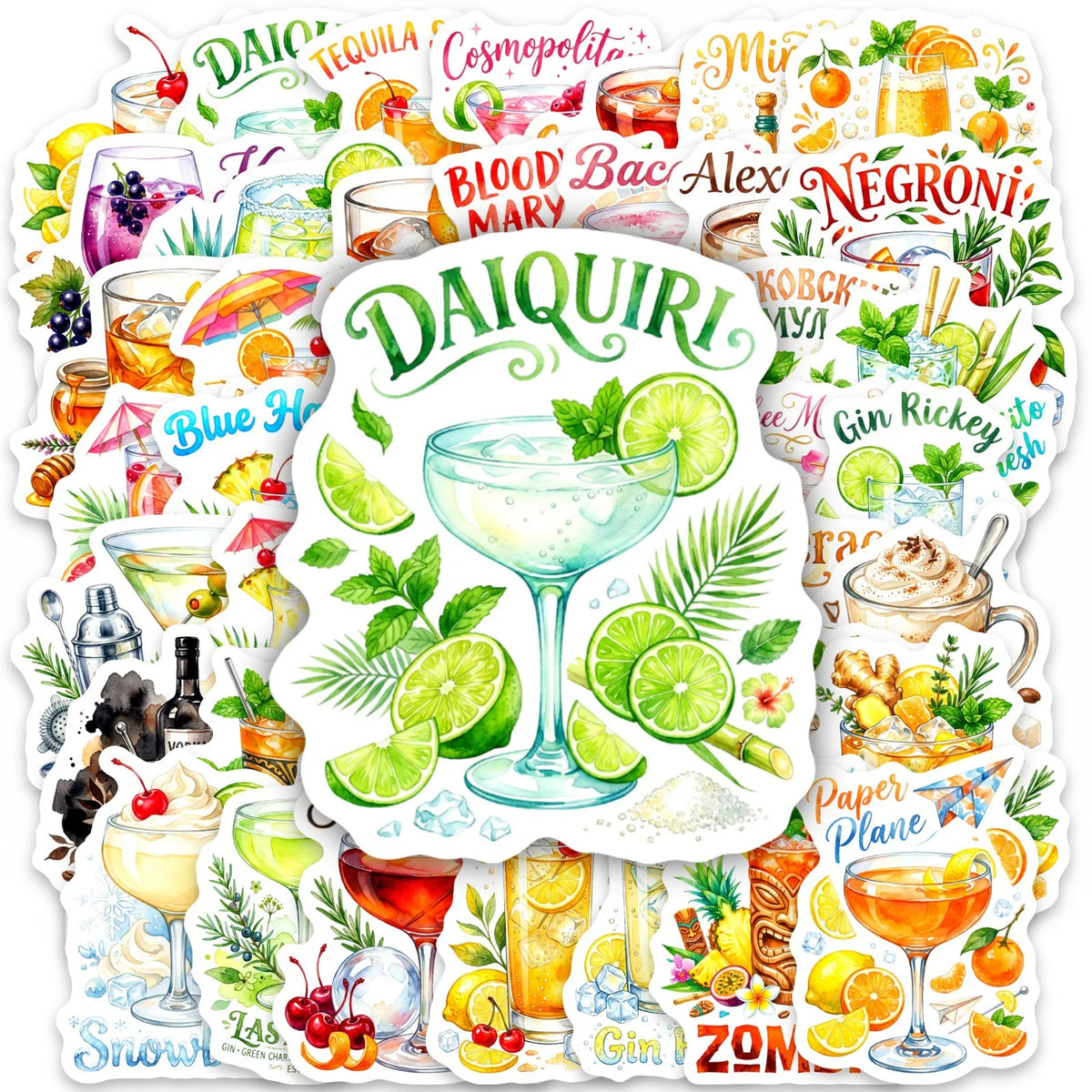 stickers cocktails multicolores illustrations aquarelle fruits herbes aromatiques bar shakers verres pack 50 adhésifs