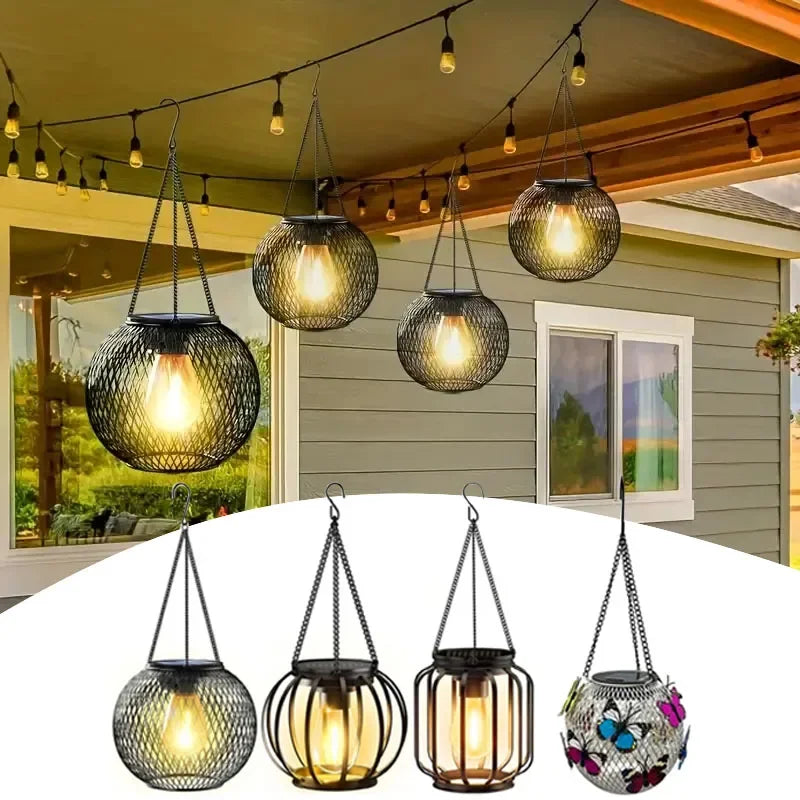 Lanterne solaire suspendue moderne papillons colorés chaîne métallique filet transparent patio jardinextérieur