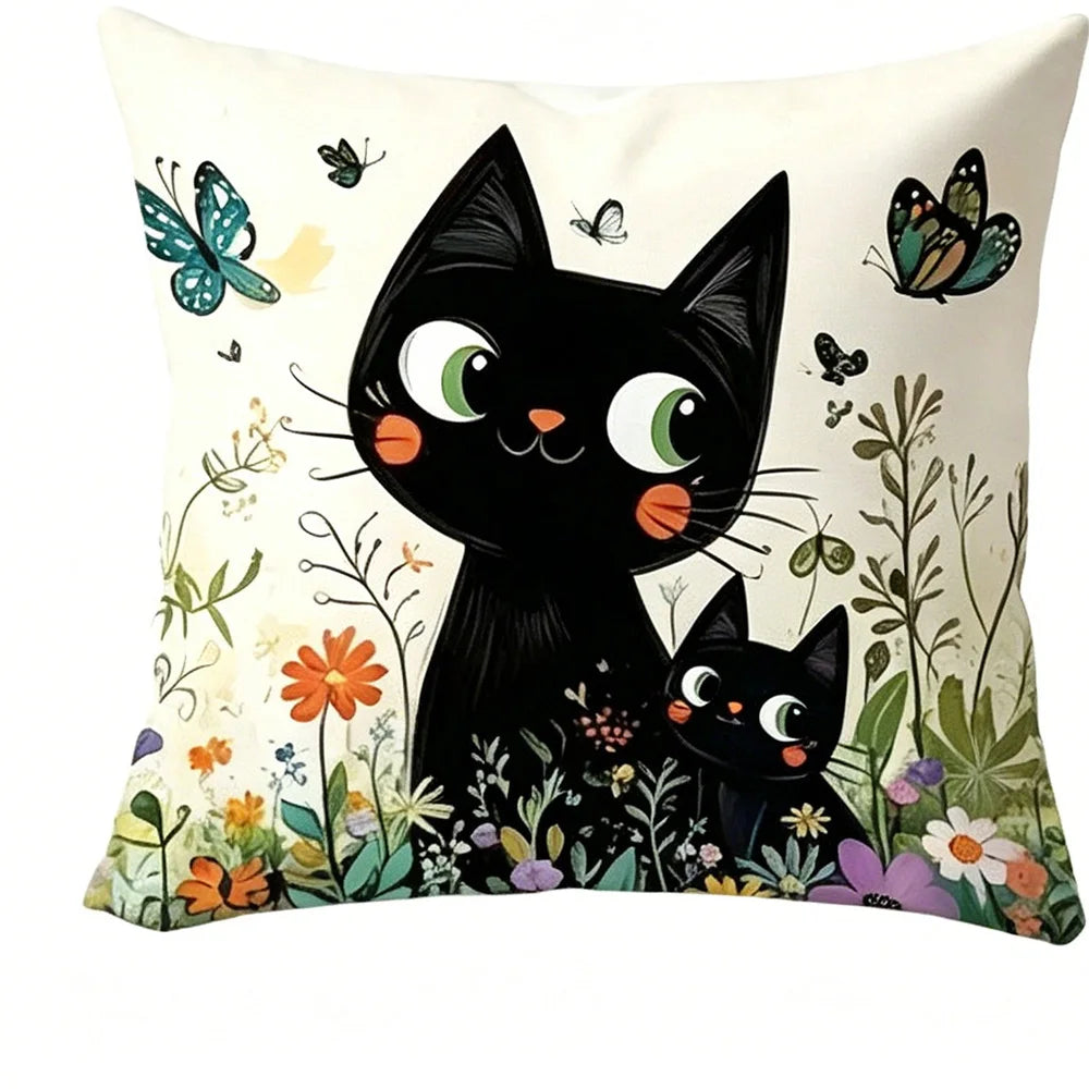 coussin illustration chats noirs fleurs polyester peacheskin 40x40cm 45x45cm 50x50cm 60x60cm