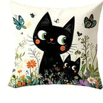 coussin illustration chats noirs fleurs polyester peacheskin 40x40cm 45x45cm 50x50cm 60x60cm
