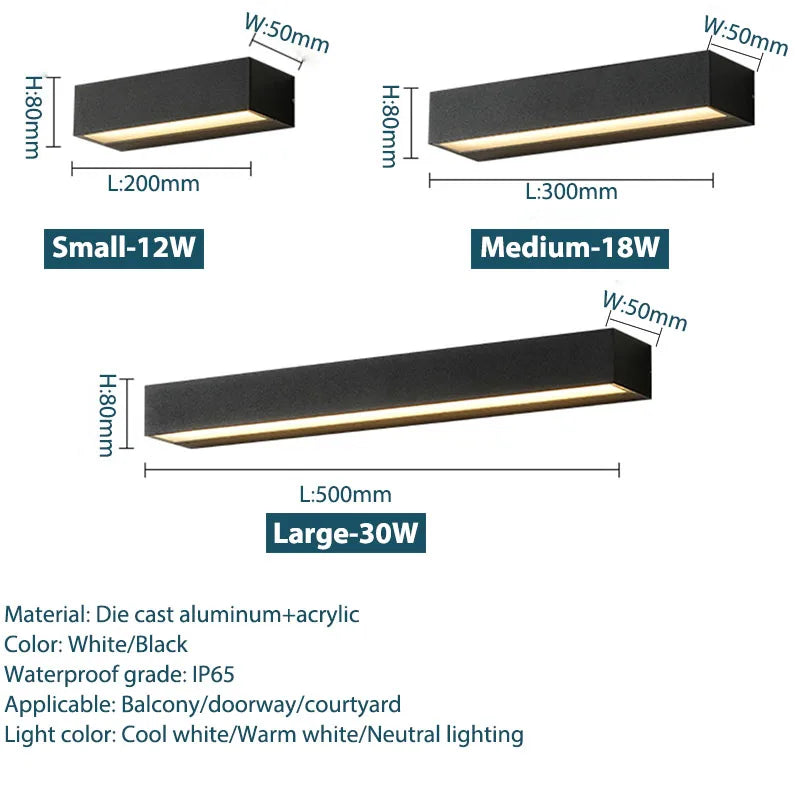 applique murale led moderne aluminium ip65 noir blanc 20cm 30cm 50cm