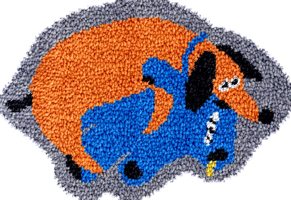 tapis crochet chien fond gris détails colorés kit fil instructions motifs