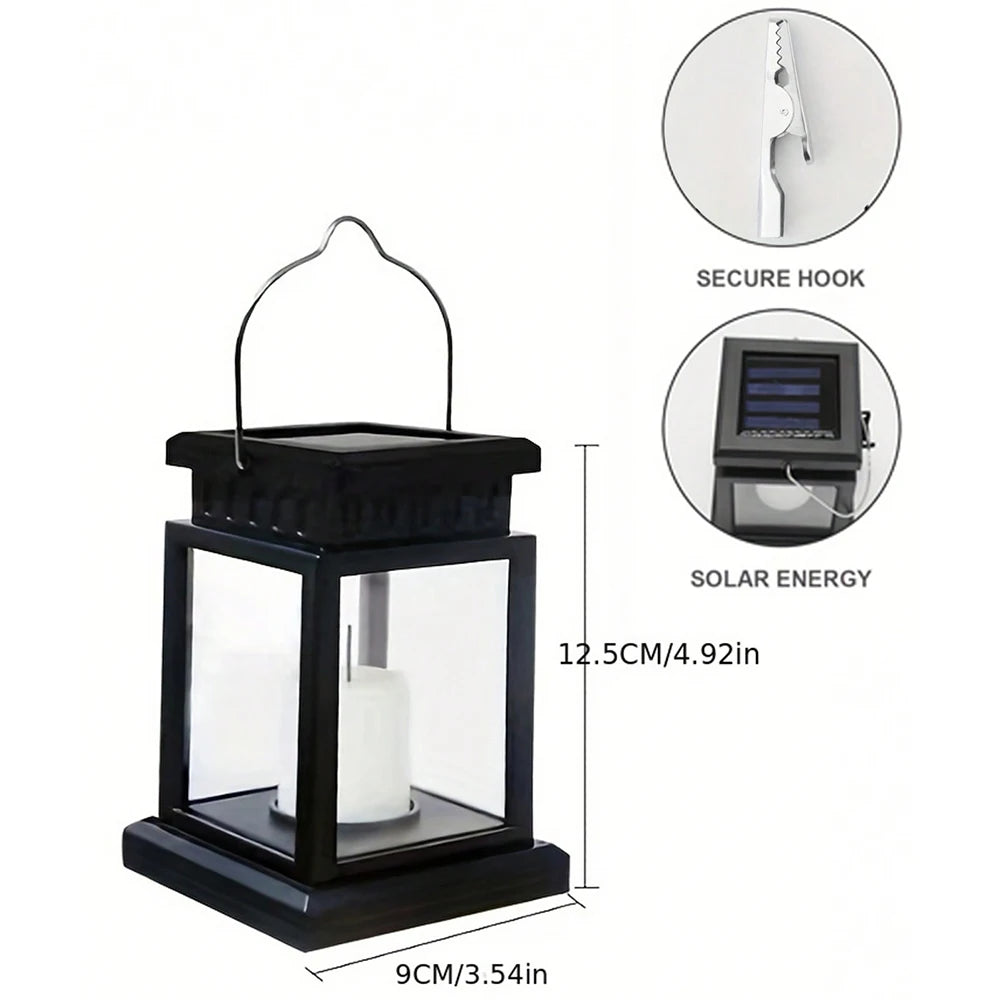 lanterne solaire transparente classique noir bougie led crochet sécurisé extérieur éclairage jardin lumière solaire