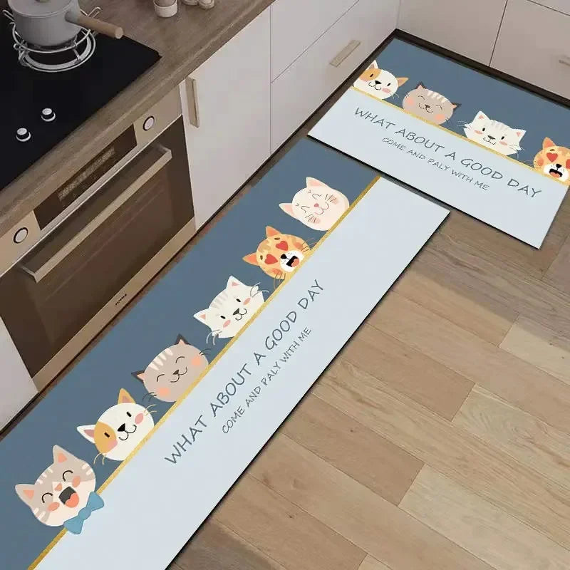 Une affiche murale décorative avec des chats mignons et un message positif 'What about a good day' sur un fond bleu.