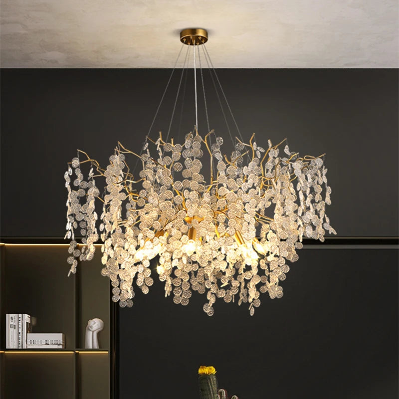 Suspension lumineuse moderne dorée transparentes branches salon chambre